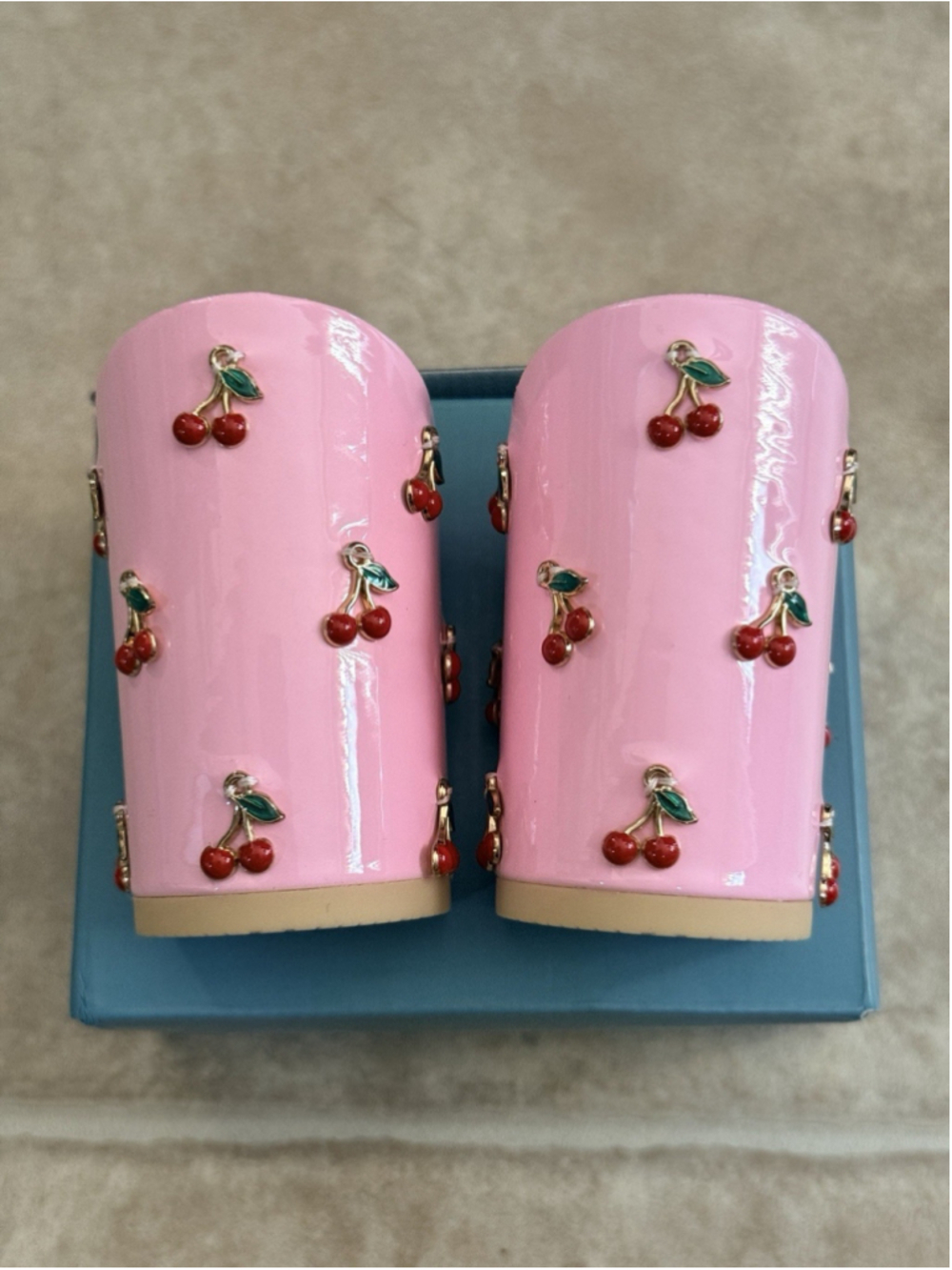 Pashion Footwear Pink Cherry Charm 4 inch Heel Block size 5-6.5